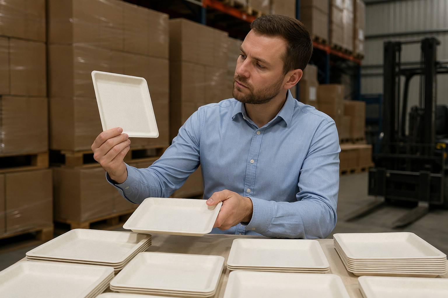 Importer Reviewing Sugarcane Plates Samples Before Bulk Procurement