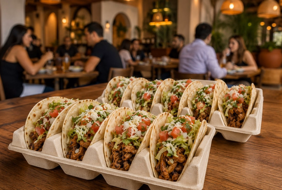 Restaurant Chain Reviewing Custom Bagasse Taco Tray Holders