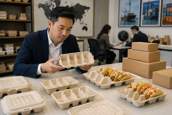 Importer Reviewing Bagasse Taco Tray Holder Samples