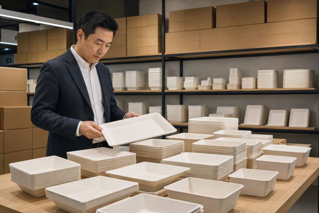 Packaging Distributor Reviewing Complete Sugarcane Plates Product Portfolio