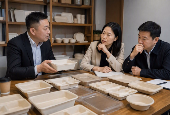 Restaurant Brand Team Evaluating Sugarcane Bagasse Tray Packaging