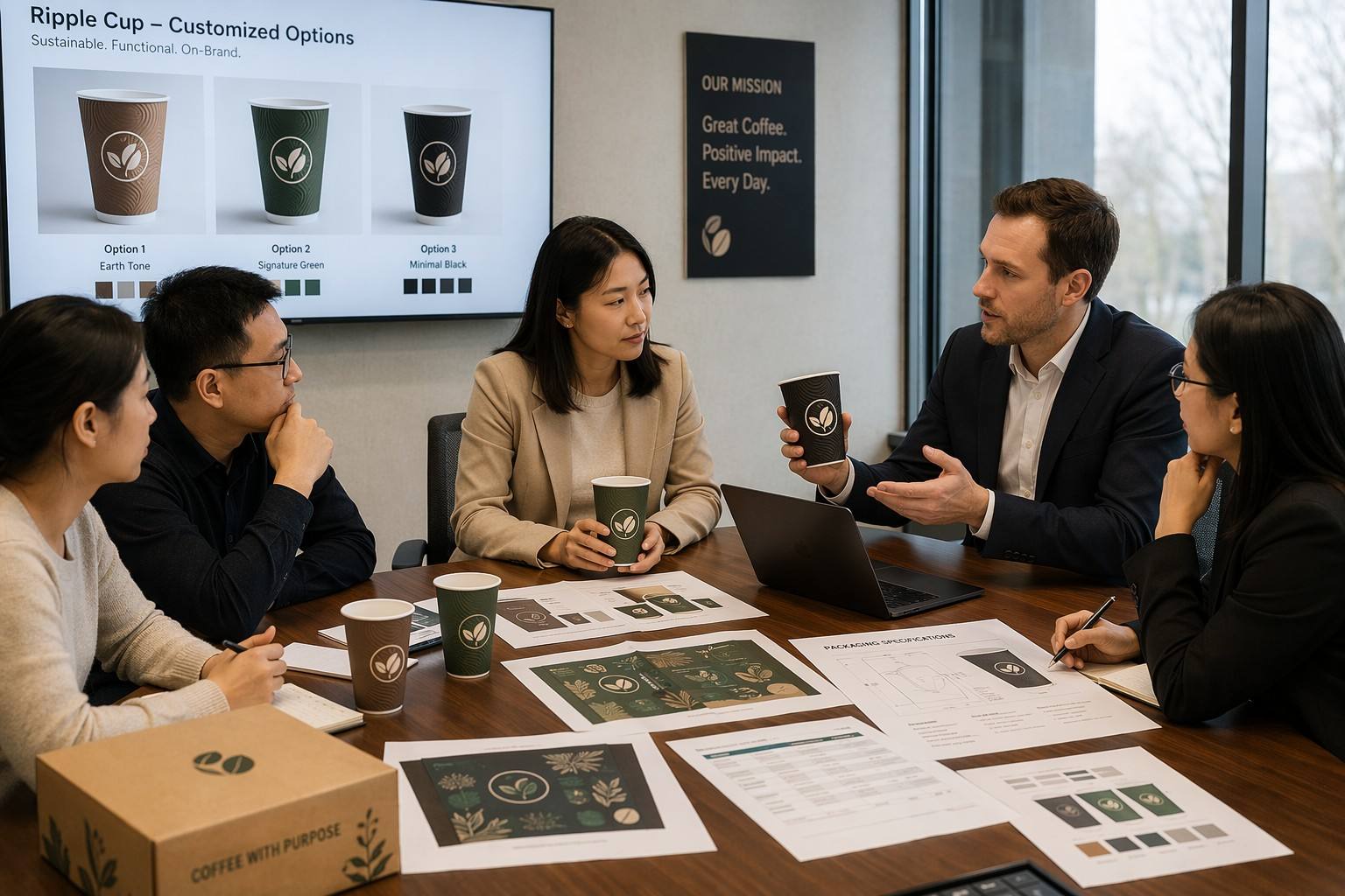 Coffee Chain Procurement Team Reviewing Ripple Paper Cups