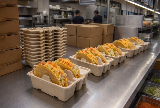 Foodservice Distributor Stocking Bagasse Taco Tray Holders