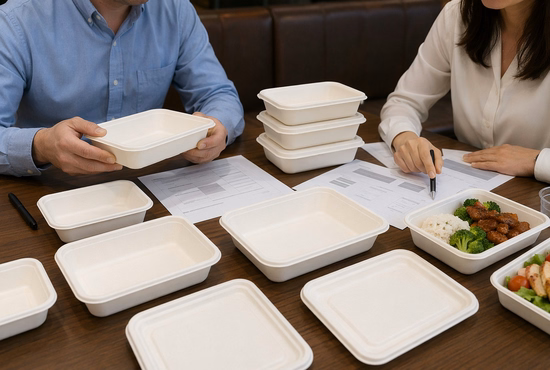 Restaurant Chain Procurement Team Evaluating White Bagasse Trays