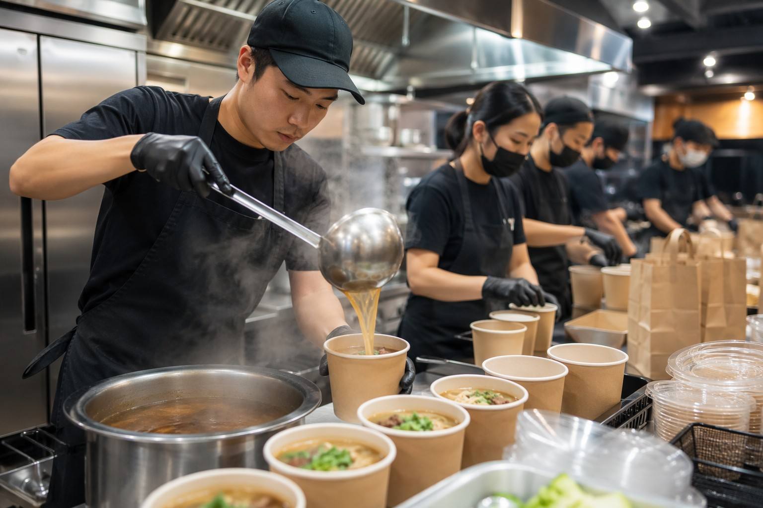 Soup and Noodle Restaurant Using paper soup cups