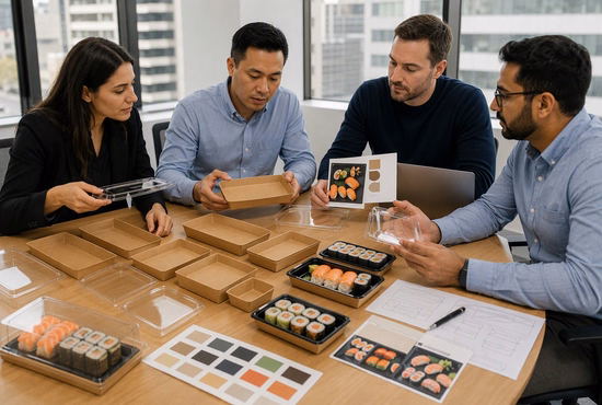 Sushi Restaurant Chain Procurement Team Reviewing Paper Sushi Trays