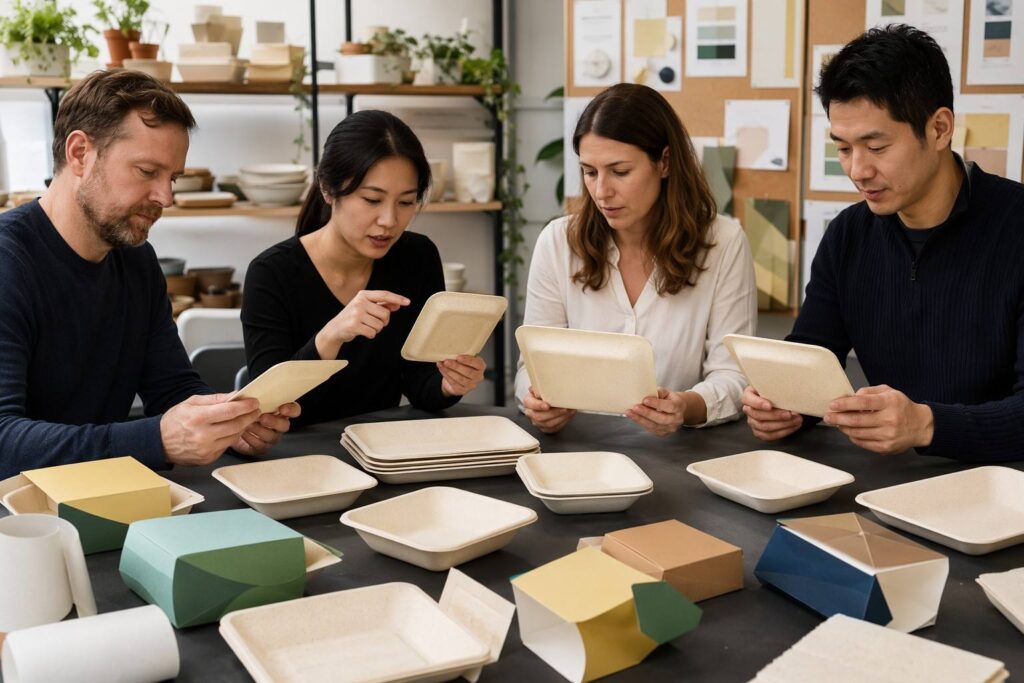 Brand Owner Reviewing Custom Private Label Sugarcane Plates with OEM Manufacturer