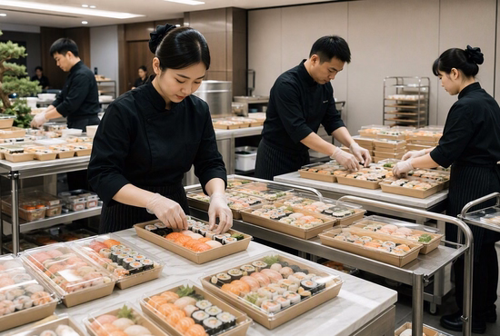 Catering Company Using Paper Sushi Trays for Event Food Service
