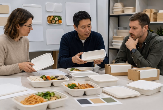 Retail Food Brand Reviewing Rectangular White Bagasse Trays