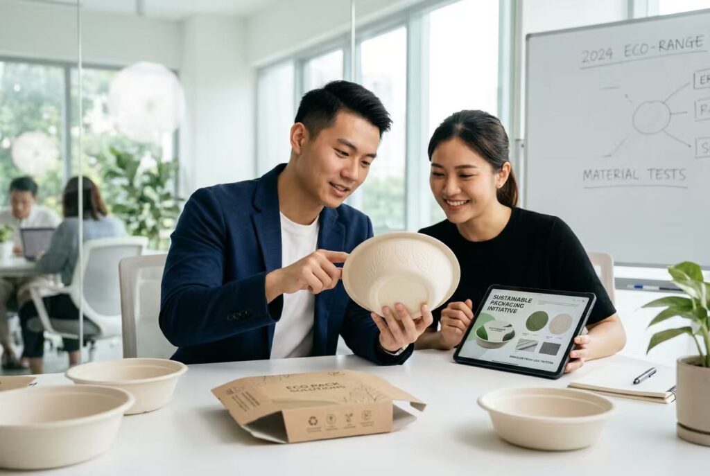 Brand Owner Reviewing Custom Sugarcane Bowls