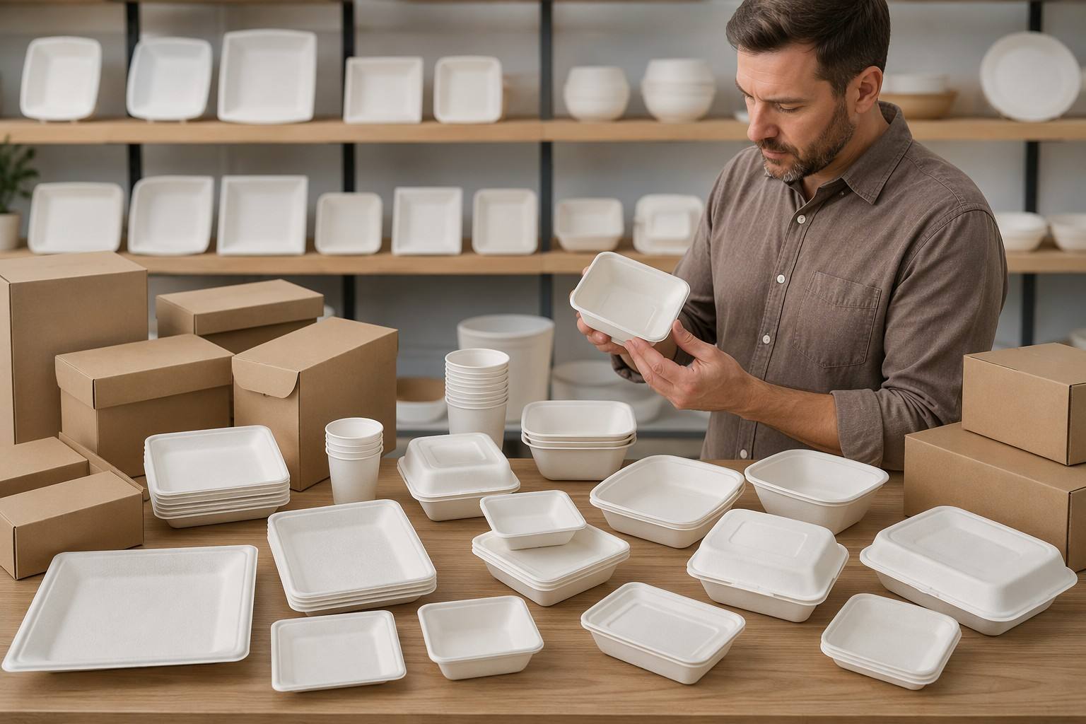 Foodservice Supplier Reviewing Complete Sugarcane Tableware Collection for Commercial Food Packaging Solutions