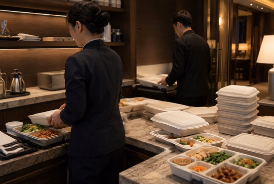 Hospitality Procurement Team Evaluating Sugarcane Bagasse Tray Solutions