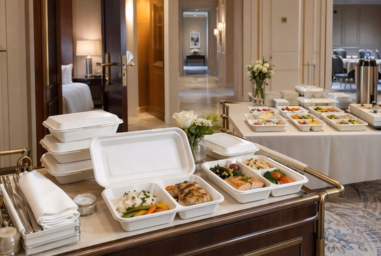Hospitality Procurement Team Evaluating White Bagasse Food Trays