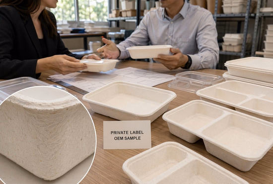 Private Label Rectangular White Bagasse Tray Development